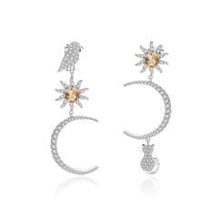 French Romantic Style Inlaid Colourful Gemston Bird and Cat with Moon Sun Silver Drop Earrings for Women