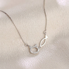 Zircon Cat and Fish Silver Necklace for Women