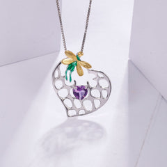 Natural Colourful Gemstone Enamel Heart of Peter Pan Pendant Silver Necklace for Women