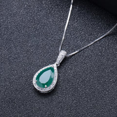 European Design Inlaid Natural Green Agate Soleste Halo Pear Drop Pendant Silver Necklace for Women