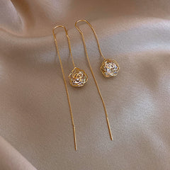 Hollow Rose with Zircon Earline Long Tassel Silver Drop Earrings for Women