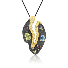 Italian Craftsman's Retro Style Natural Colourful Gemstone Pendant Silver Necklace for Women
