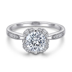 Round Zircon Flower Four Prongs Silver Ring