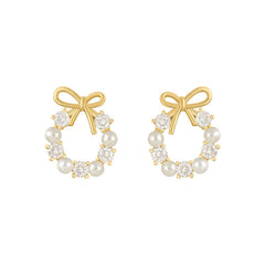 Bow Pearl Garland Silver Studs Earrings for Women