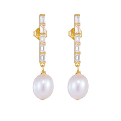 Rectangle Zircon Tassel Oval Freshwater Pearl Sterling Silver Drop Earrings