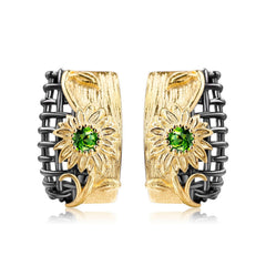 Italian Craft Vintage Style Inlaid Natural Colourful Gemstone Floral Design Silver Studs Earrings for Women
