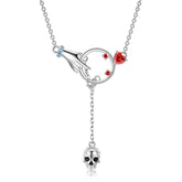 Halloween Hand Hook Circle Pendant with Red Zircon Tassel Skull Silver Necklace