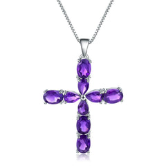 Europen Style Inlaid Natural Amethyst Cross Pendant Silver Necklace for Women