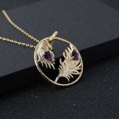 Personalized Design Natural Amethyst Gold Colour Feather Pendant Silver Necklace for Women