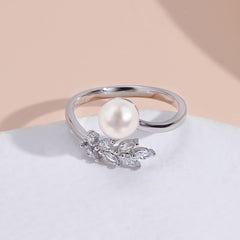 Zircon Leaf Pearl Opening Sterling Silver Ring