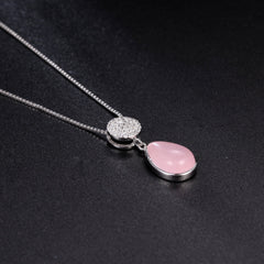 French Romantic Luxury Style Inlaid Pink Crystal Pear Drop Pendant Silver Necklace for Women