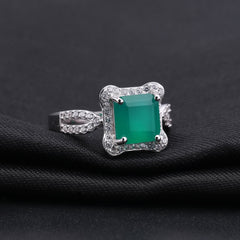 Retro Soleste Halo Square Natural Green Agate Silver Ring