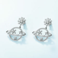Zircon Shine Planet Pendant Snowflake Sterling Silver Drop Earrings
