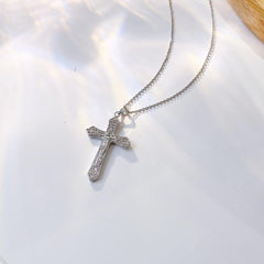 Jesus Cross with Decorative Pattern Pendant Silver Necklace for Women