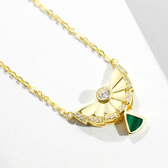 Fan Shaped Pendant Malachite Zircon Sterling Silver Necklace