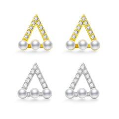 Hollow Zircon Triangle with Pearl Silver Stud Earrings for Women