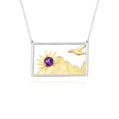 Fashion Design Inlaid Natural Colorful Gemstone Sunrise and Sunset Rectangle Pendant Silver Necklace for Women