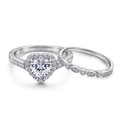 Heart-shaped Zircon Soleste Halo with Beading Silver Ring Set for Women