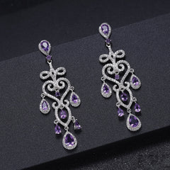 French Romantic Style Inlaid Natural Amethyst Luxury Silver Drop Earrings for Women