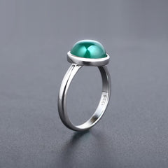 European Green Agate Solitaire Round Shape Silver Ring for Women