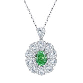 Flower Halo Oval Cut Green Zircon Silver Necklace