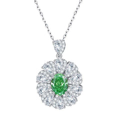 Flower Halo Oval Cut Green Zircon Silver Necklace