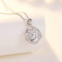 Hollow Rose with Round Zircon Pendant Silver Necklace for Women