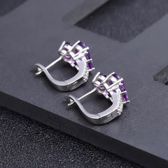 Natural Amethyst Oval Shape Three Stones Silver Studs Earrings for Women