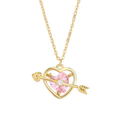 Pink Zircon Cupid Arrow Heart Pendant Silver Necklace for Women