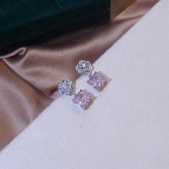 Square Pink Zircon Camellia Drop Earrings