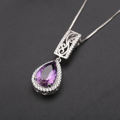 European Style Inlaid Natural Amethyst Soleste Halo Pear Drop Pendant Silver Necklace for Women