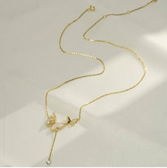 Zircon and Pearl Double Butterflies Tassel Silver Necklace