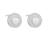 Retro Round Freshwater Pearl Zircon Halo Sterling Silver Stud Earrings