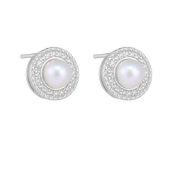 Retro Round Freshwater Pearl Zircon Halo Sterling Silver Stud Earrings