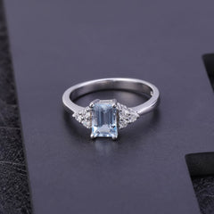 Emerald Cut Natural Blue Topaz Silver Ring