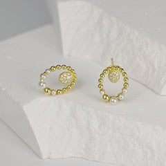 Double Oval with Zircon and Pearl Hollow Silver Studs Earrings for Women