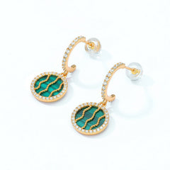 Round Malachite Watermelon Pendant C Shape Zircon Sterling Silver Earrings