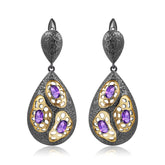 Italian Antique Style Inlaid Natural Colourful Gemstones Pear Drop Silver Earrings for Women