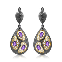 Italian Antique Style Inlaid Natural Colourful Gemstones Pear Drop Silver Earrings for Women
