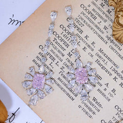 Pink Zircon 7*9mm Rectangle Ice Cut with Chain Annular Petals Silver Drop Earrings for Women