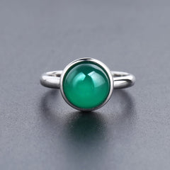 European Green Agate Solitaire Round Shape Silver Ring for Women