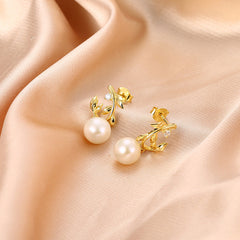 Olive Branch with Natural Pearl Silver Drop Earrings for Women