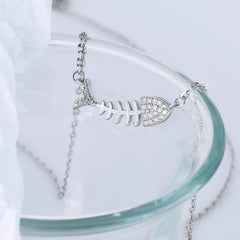 Fishbone with Zircon Pendant Silver Necklace for Women