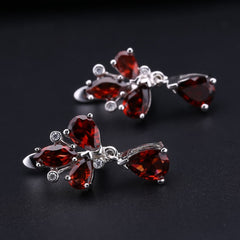 European Natural Garnet Creative Clover Design Silver Drop Earrings for Women