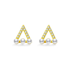 Hollow Zircon Triangle with Pearl Silver Stud Earrings for Women
