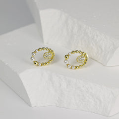 Double Oval with Zircon and Pearl Hollow Silver Studs Earrings for Women