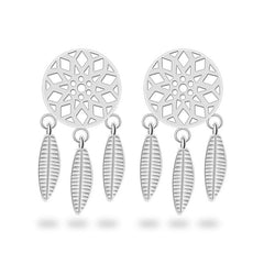 Feather Grid Dream Catcher Polished Sterling Silver Drop Earrings