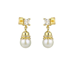 Freshwater Pearl Gourd with Princess Cut Zircon Silver Drop Earrings for Women