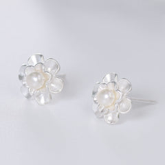 Frosting Flower with Freshwater Pearl Silver Earrings for Women