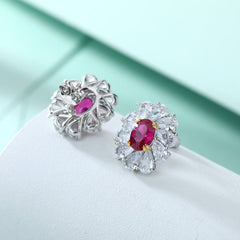 Oval Purple Zircon Flower Shape Silver Studs Earrings for Women